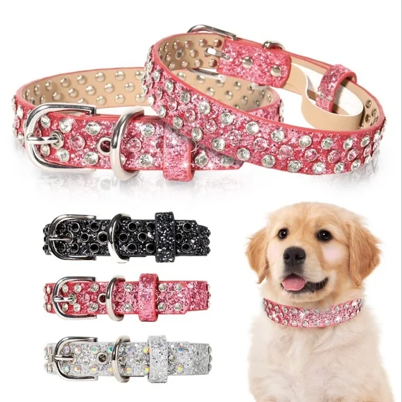 Rhinestone Leather Dog Collar Bling Dog Collar Pink Large - Picture 1 of 1